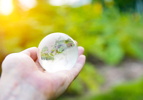 Hand holding glass globe with grassy background