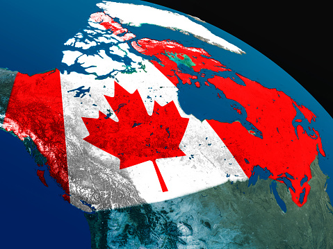 Canada with embedded national flag as if seen from Earth's orbit in space. 3D illustration with highly detailed realistic planet surface. 3D model of planet created and rendered in Cheetah3D software, 5 Mar 2017. Some layers of planet surface use textures furnished by NASA, Blue Marble collection: http://visibleearth.nasa.gov/view_cat.php?categoryID=1484