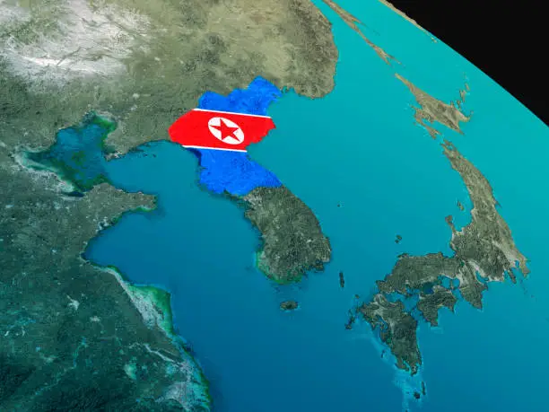 North Korea with embedded national flag as if seen from Earth's orbit in space. 3D illustration with highly detailed realistic planet surface. 3D model of planet created and rendered in Cheetah3D software, 5 Mar 2017. Some layers of planet surface use textures furnished by NASA, Blue Marble collection: http://visibleearth.nasa.gov/view_cat.php?categoryID=1484