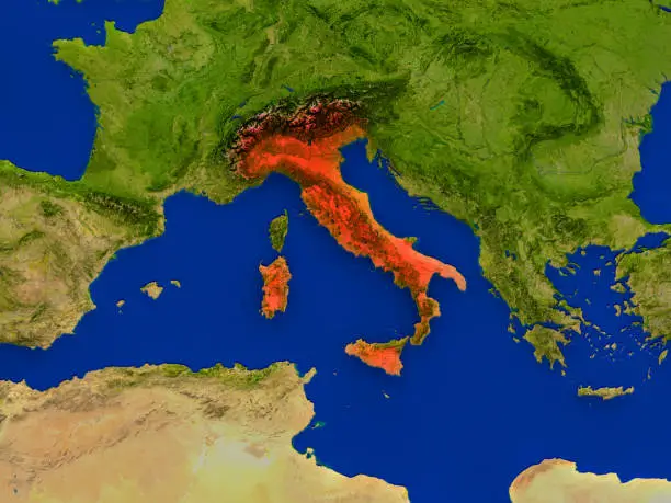 Photo of Italy from space in red