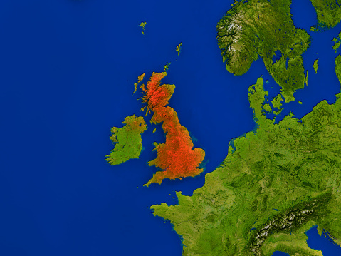 Top-down view of United Kingdom hightlighted in red as seen from Earth's orbit in space. 3D illustration with highly detailed realistic planet surface. 3D model of planet created and rendered in Cheetah3D software, 4 Mar 2017. Some layers of planet surface use textures furnished by NASA, Blue Marble collection: http://visibleearth.nasa.gov/view_cat.php?categoryID=1484