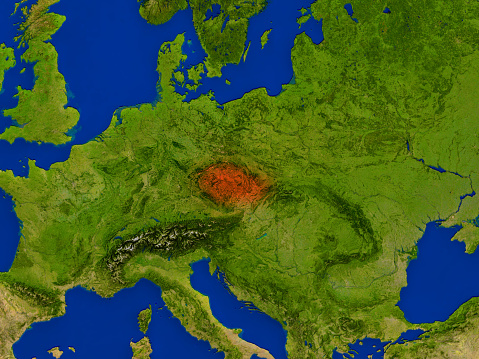 Map of Czech republic as seen from space on planet Earth. 3D illustration. Elements of this image furnished by NASA. 3D model of planet created and rendered in Cheetah3D software, 7 Dec 2017. URL of the source map: https://visibleearth.nasa.gov/view.php?id=57752