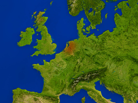 Top-down view of Netherlands hightlighted in red as seen from Earth's orbit in space. 3D illustration with highly detailed realistic planet surface. 3D model of planet created and rendered in Cheetah3D software, 4 Mar 2017. Some layers of planet surface use textures furnished by NASA, Blue Marble collection: http://visibleearth.nasa.gov/view_cat.php?categoryID=1484