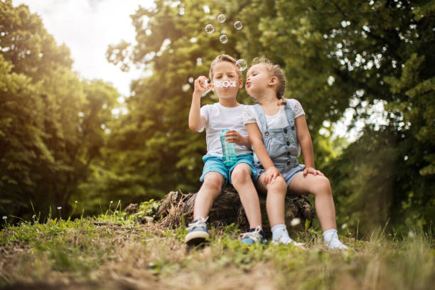 istock Two small kids blowing bubbles in the park. 650176564