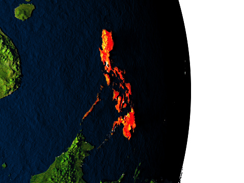 Dusk over Philippines highlighted in red with city lights as seen from Earth's orbit in space. 3D illustration with highly detailed realistic planet surface. 3D model of planet created and rendered in Cheetah3D software, 4 Mar 2017. Some layers of planet surface use textures furnished by NASA, Blue Marble collection: http://visibleearth.nasa.gov/view_cat.php?categoryID=1484