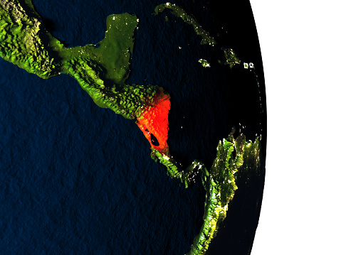 Dusk over Nicaragua highlighted in red with city lights as seen from Earth's orbit in space. 3D illustration with highly detailed realistic planet surface. 3D model of planet created and rendered in Cheetah3D software, 4 Mar 2017. Some layers of planet surface use textures furnished by NASA, Blue Marble collection: http://visibleearth.nasa.gov/view_cat.php?categoryID=1484
