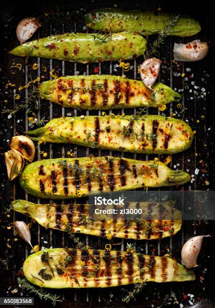 Grilled Zucchini Top View Stock Photo - Download Image Now - Grilled, Zucchini, Barbecue - Meal