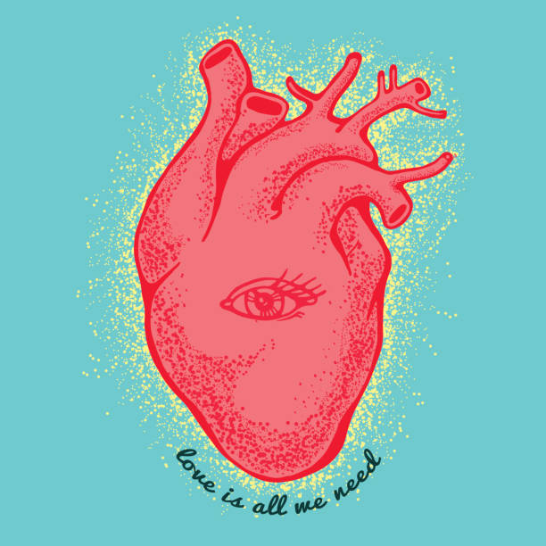 różowe serce anatomiczne z okiem na niebieskim tle. miłość jest wszystkim, czego potrzebujemy. kartka walentynkowa. - heart shape human vein love human artery stock illustrations