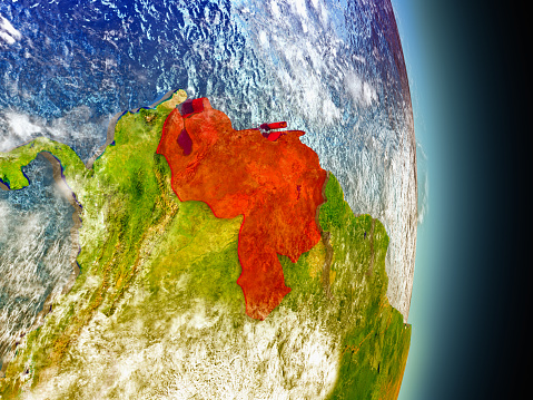 Model of Venezuela from Earth's orbit in space. 3D illustration with highly detailed realistic planet surface and clouds in the atmosphere. 3D model of planet created and rendered in Cheetah3D software, 5 Mar 2017. Some layers of planet surface use textures furnished by NASA, Blue Marble collection: http://visibleearth.nasa.gov/view_cat.php?categoryID=1484