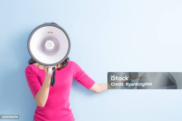 Woman Take Microphone Stock Photo - Download Image Now - Megaphone, Women, Talking