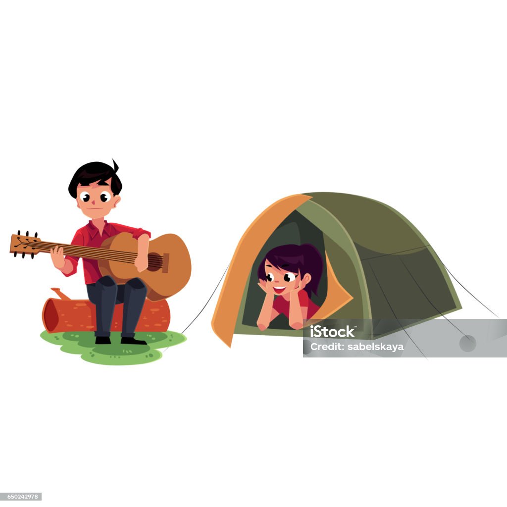 Groenteboer Intuïtie Gehuurd Camping Kids Jongen En Meisje Spelen Gitaar En Kijken Uit De Tent  Stockvectorkunst en meer beelden van Buitenopname - iStock