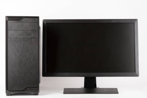 istock Midi tower computer case with led monitor on white background. 650243940