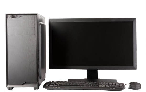 istock Midi tower computer case with led monitor on white background. 650246658