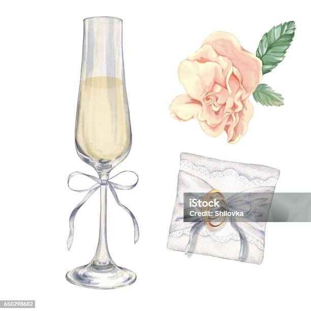 Set Wedding Accessories Champagne Roses And Rings On The Pillow Stock Illustration - Download Image Now