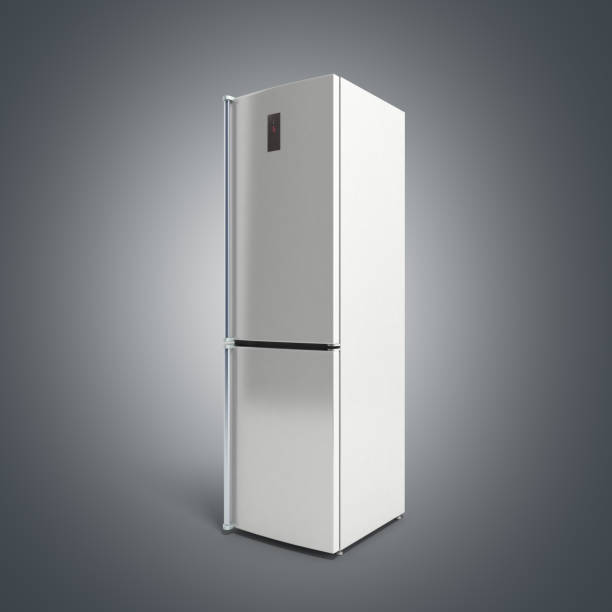 istock Stainless steel modern refrigerator 3d illustration on grey 650332238
