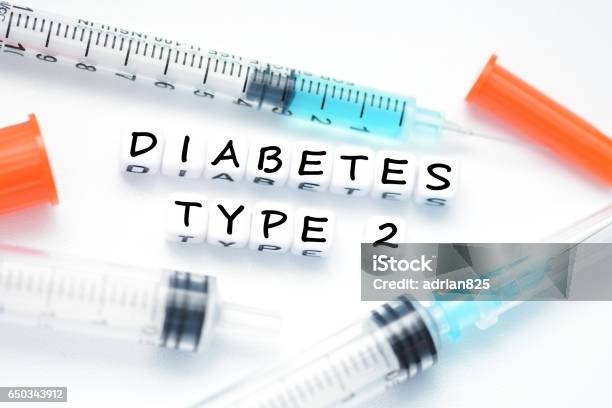 Type 2 Diabetes Text Spelled With Plastic Letter Beads Placed Next To An Insulin Syringe Stock Photo - Download Image Now