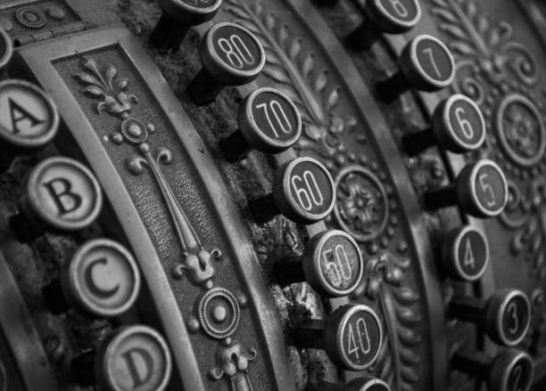 istock Antique cash register macro shot in bw 650393346