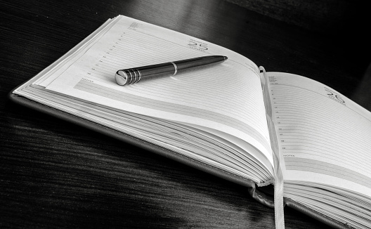 The pen lies on open blank pages of an organizer. Indoors. Horizontal forms. Black-and-white. Photo.