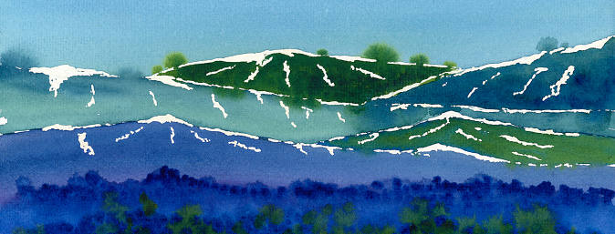 watercolor landscape with blue and green mountain