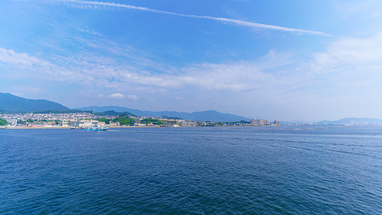 Scenery of inland sea between Miyajimaguchi and Miyajima island , destination tItsukushima shrine , Hiroshima , Japan