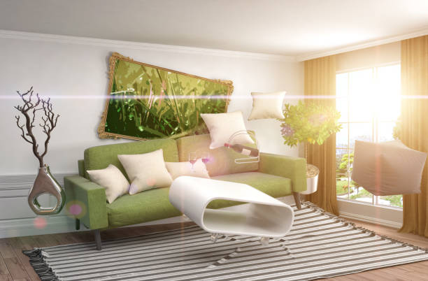 istock Zero Gravity furniture hovering in living room. 3D Illustration 650416582