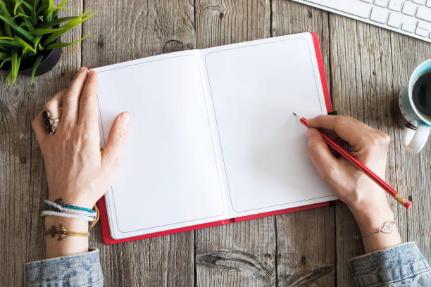 istock Woman hands writing on wooden table 650468872