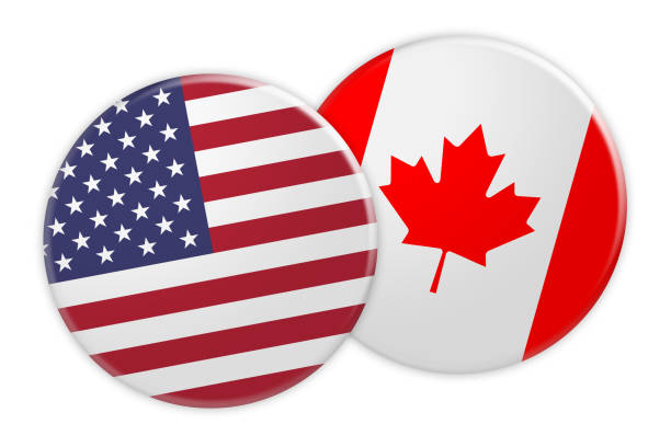 us flag button on canada flag button, 3d illustration - canada american flag canadian culture usa imagens e fotografias de stock