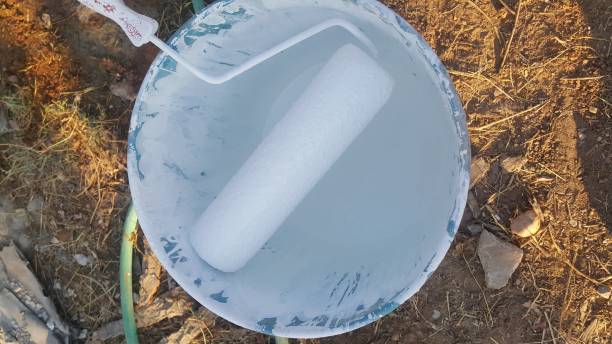 istock White paint roller and paint in the tank. 650558028