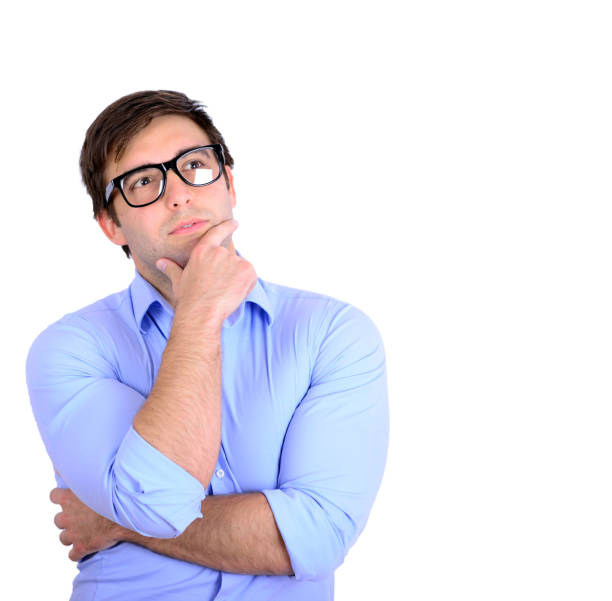 istock Portrait of handsome young man looking up isolated on white 650599232