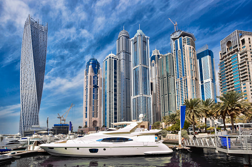 Dubai Marina with boats in Dubai, United Arab Emirates, Middle East