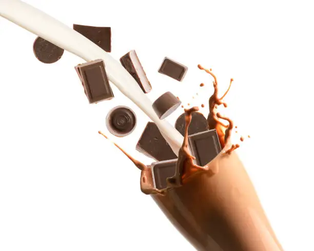Pouring chocolate and milk into glass with splashing., Isolated white background.