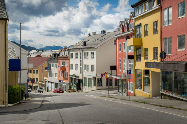 Kristiansund city streets with traditional colorful houses. Atlantic Road trip, Norway