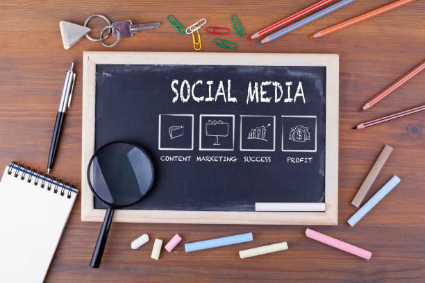 istock Social Media concept. On a wooden table chalk board 650616438