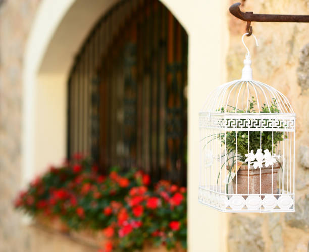 istock Decorative white cage for birds with flowers inside 650616694