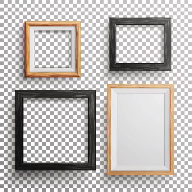 realistische foto frame vector. 3d zeichendreieck, a3, a4 größen leuchten holz leere bilderrahmen, transparenten hintergrund mit weichen transparente schatten hängen. designvorlage für mock up - picture frame frame paintings wood stock-grafiken, -clipart, -cartoons und -symbole