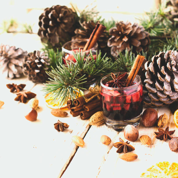 istock New Year or Christmas composition with walnuts, mulled wine, hazelnuts 650625008