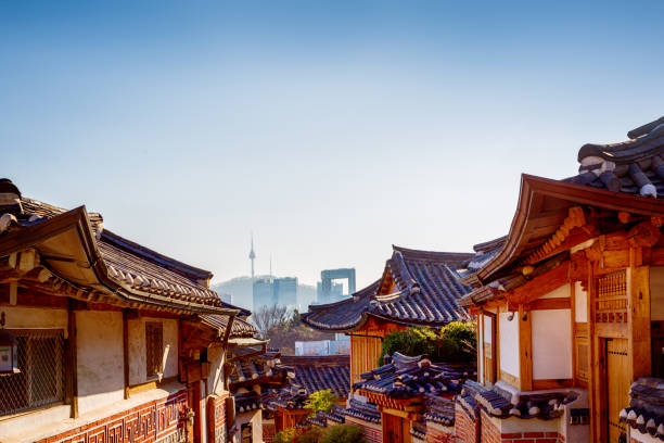 istock Bukchon Hanok Village with Seoul Downtown Background 650635950