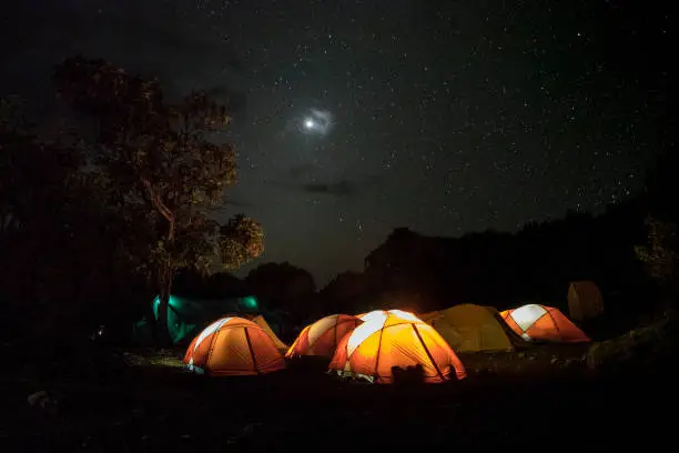 Illuminated tents for Kilimajaro hikers, Marangu route, Tanzania