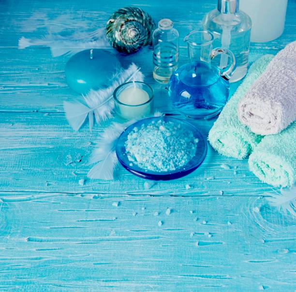 istock Set for spa with towels, salt and aromatic oils, selective focus 650649110