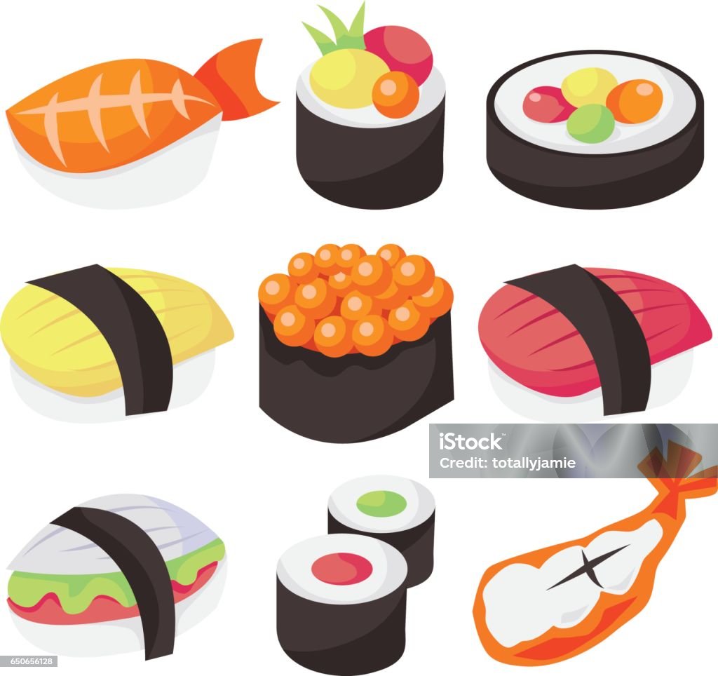 Sushi Delight A vector illustration set of nine different types of sushi. Bento Box stock vector