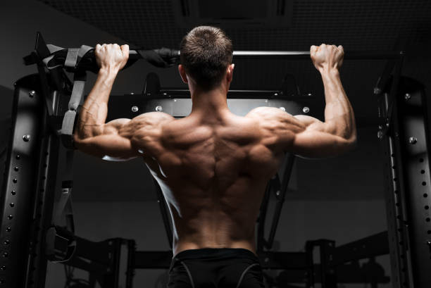 istock Athlete muscular fitness male model pulling up on horizontal bar 650660344