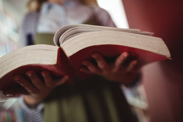 istock Mid-section of schoolgirl reading book in library 650668854