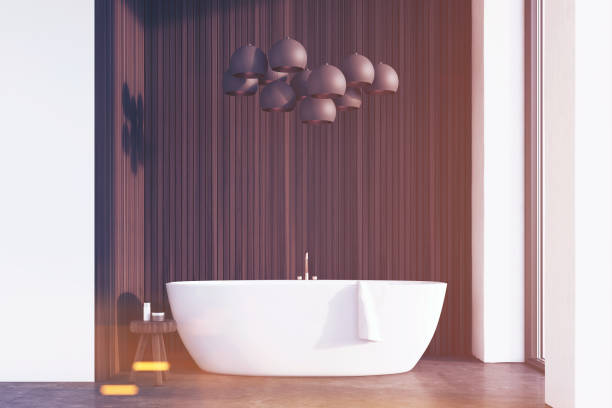 istock Bathroom with lamps, dark wood, toned 650676444