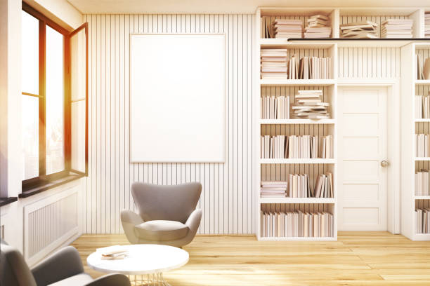 istock Home library with gray armchairs, toned 650682556