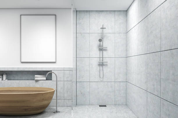 istock Bathroom with wooden tub, vertical poster 650683202