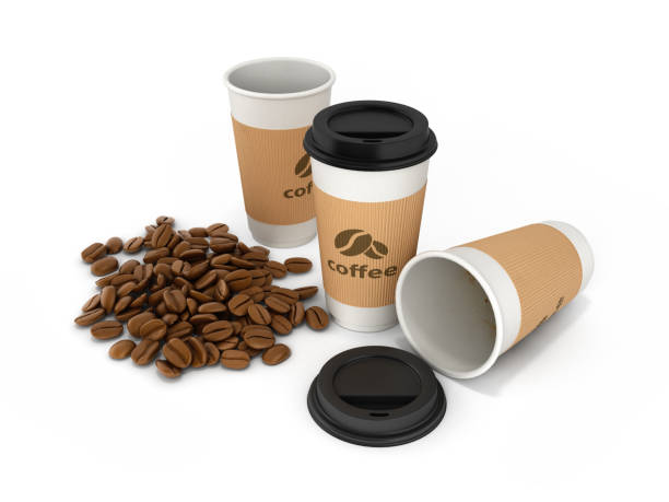 istock Paper coffee cups with coffee beans on white background 3d 650687914