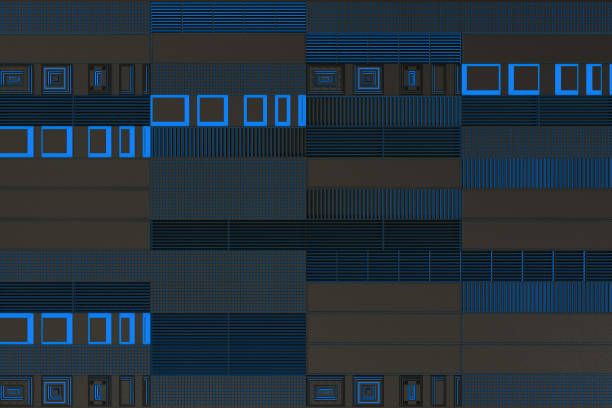 istock Futuristic technological or industrial background made from metal grates with glowing lines and elements 650689782