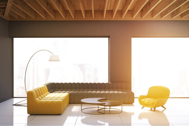 istock Gray living room with panoramic windows, toned 650694452