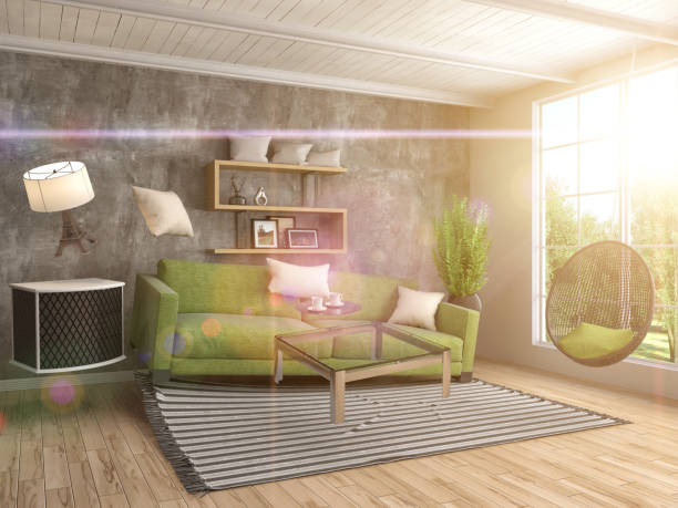 istock Zero Gravity furniture hovering in living room. 3D Illustration 650695752