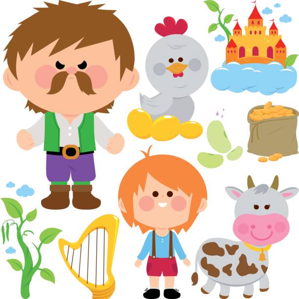 Jack and the magic beanstalk fairytale vector collection. Jack and the magic beanstalk, the golden harp and the magic chicken laying golden eggs, the giant, a cow and the magic castle vector set. ancient coins of greece stock illustrations